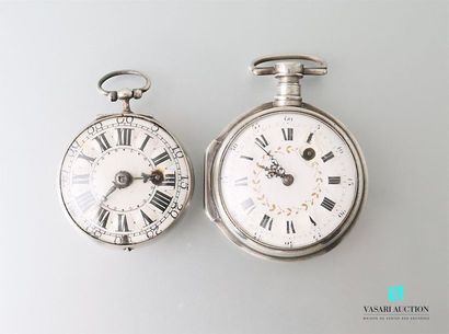 null Set of two watches including: 
Silver pocket watch, enamelled dial with Roman...