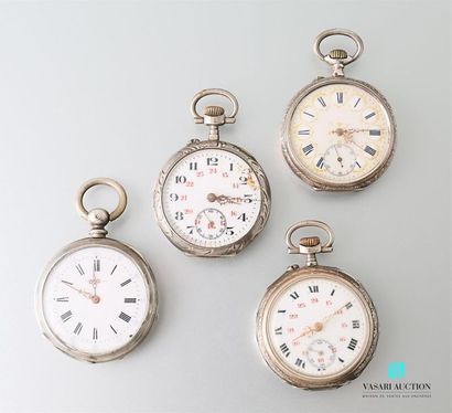 null Set includes four silver pocket watches, Roman numeral dials for hours for three...