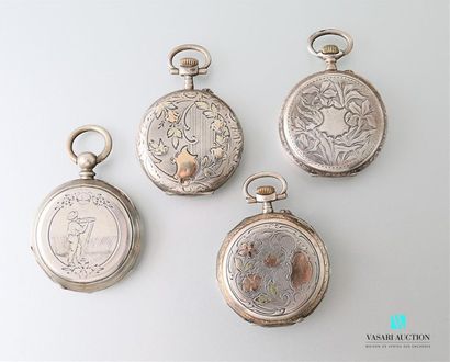 null Set includes four silver pocket watches, Roman numeral dials for hours for three...