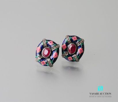 null Patinated silver earrings decorated with enamelled floral motifs, centred on...