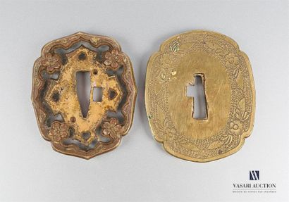 null Set of two gilded bronze tsubas, the first with a scroll border has an openwork...