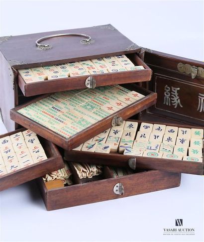 null Portable Mahjong game box made of exotic wood, the sliding front reveals five...