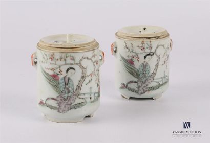 null CHINA 
Two pots covered in white porcelain treated in polychrome with decoration...