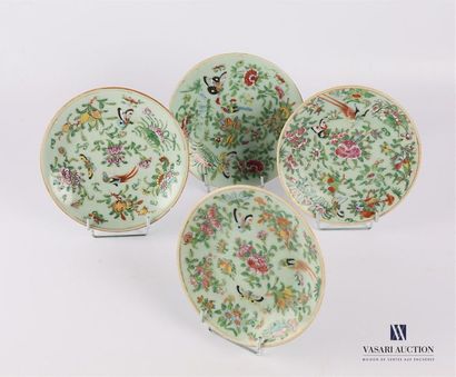 null CHINA - CANTON
Four porcelain plates with celadon base with enamelled decoration...