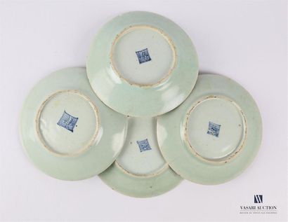 null CHINA - CANTON
Four porcelain plates with celadon base with enamelled decoration...