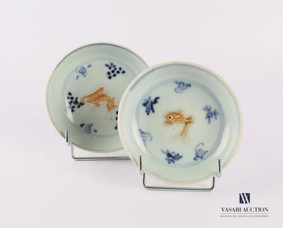 null CHINE
Deux coupelles en porcelaine blanc bleu à décor d'un poisson traité en...