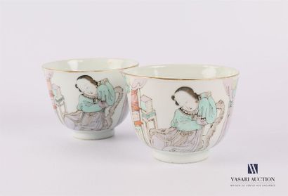 null CHINA
Pair of porcelain cups with polychrome enamel and gilded net showing a...