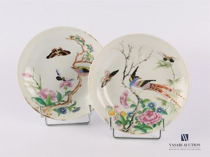 null CHINA
Two white porcelain saucers treated in polychrome with decoration of a...
