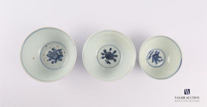 null CHINE
Lot de trois bols en porcelaine bleu blanc à décor de motifs floraux et...