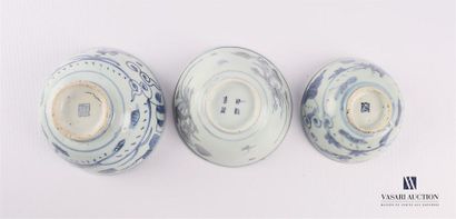 null CHINA
Set of three white blue porcelain bowls decorated with floral and deer...