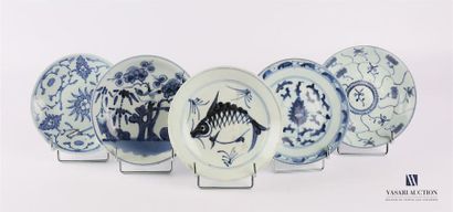 null CHINE
Cinq coupelles en porcelaine à décor blanc bleu de carpe, oiseaux branchés,...