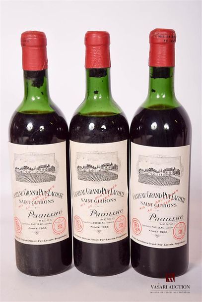 null 3 bottles of GRAND PUY LACOSTEPauillac GCC1966And
 a little stained. N: 1 ht/half...