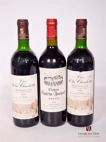 null Set of 3 bottles including:
 2 bottlesCLOS DE LA CHARLOTTEBordeaux1986
1 bottleChâteau...