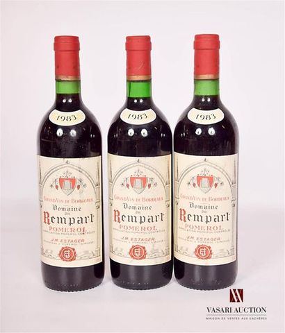 null 3 bottlesDOMAINE DU REMPARTPomerol1983And
: 1 barely stained, 2 stained. N:...