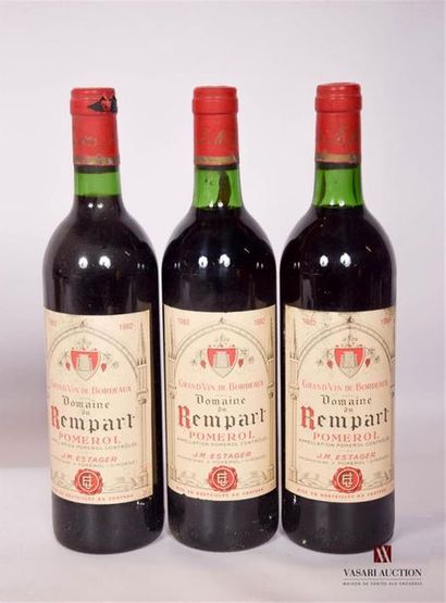 null 3 bouteilles	DOMAINE DU REMPART	Pomerol	1982
	Et. un peu tachées. Capsules un...