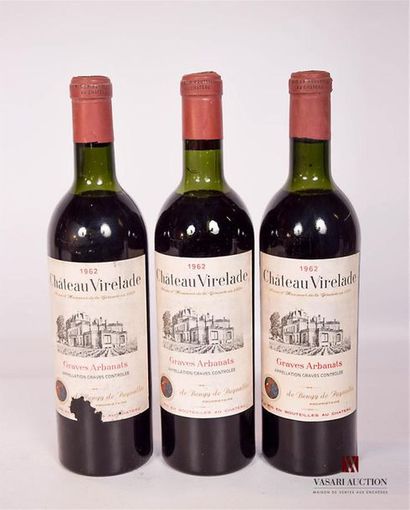 null 3 bouteilles	Château VIRELADE	Graves	1962
	Et. fanées et tachées (1 déchirure)....