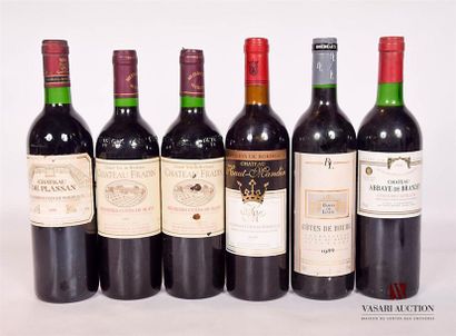 null Set of 6 bottles including:
 1 bottleChâteau DE PLASSAN1ères Côtes de Bordeaux1989
2...