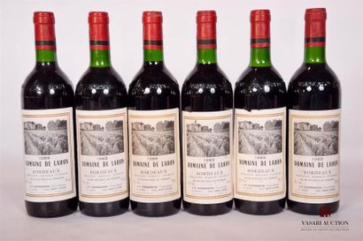 null 6 bouteilles	DOMAINE DE LAHON	Bordeaux	1989
	Et.: 4 à peine tachée, 2 légèrement...