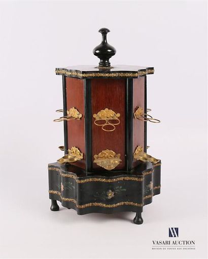 null A hexagonal-shaped cigar cabinet in blackened wood painted with poultry decoration,...