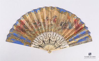 null Folded fan, the printed paper sheet enhanced with gouache of an animated scene...