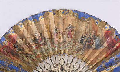 null Folded fan, the printed paper sheet enhanced with gouache of an animated scene...