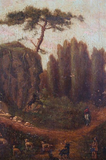 null French school of the 19th century
Landscape with ibexes
Oil on panel
18 x 15,56...