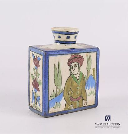 null TURKEY
Square terracotta bottle, the belly decorated with polychrome enamels...