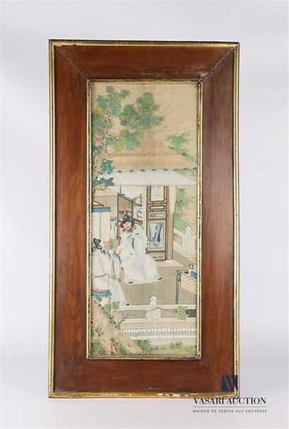null CHINA 
Suite of three framed silk paintings depicting respectively a soldier...