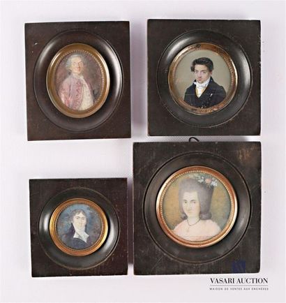 null Set of four framed miniatures, three of which are round and one of which is...