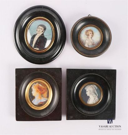 null Set of four framed miniatures, two oval and two round, representing respectively:...