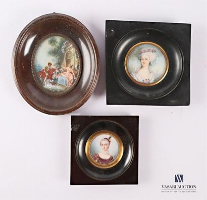 null Set of three framed miniatures each showing: a portrait of a woman with a hat...