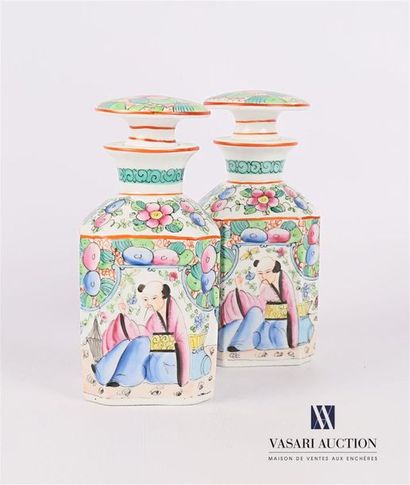 null BAYEUXPair
 of vials, the belly with cut sides, in white porcelain with polychrome...