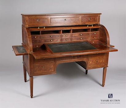 null Mahogany cylinder desk and mahogany veneer, the recessed upper part opens with...