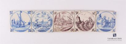 null DELFT
Set of five "eye of ox" faience tiles showing biblical and mythological...
