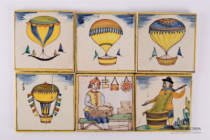 null NEVERS
Set of six polychrome earthenware tiles decorated with hot-air balloon...