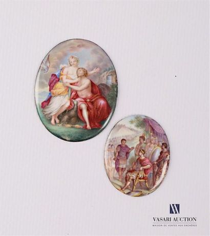null Two white porcelain medallions with polychrome decoration of a mythological...
