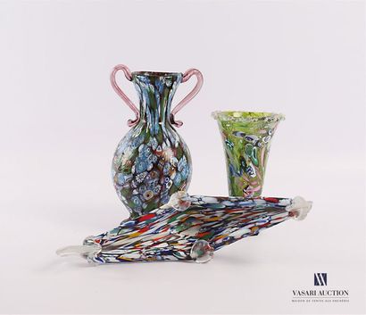 null Glass set including a conical vase with "millefiori" decoration, a bowl with...