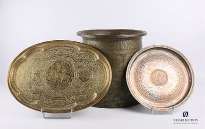 null Set comprising a truncated conical copper bucket decorated with medallion friezes...