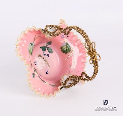 null Basket simulating a pink opaline glass basket with polychrome enamel decoration...