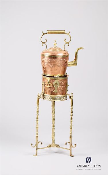 null Engraved brass and copper tea fountain including a pourer and a stand stove,...