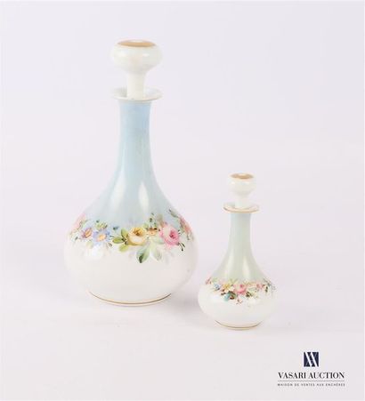 null Two bottles covered in opaline balnche and blue with polychrome decoration of...