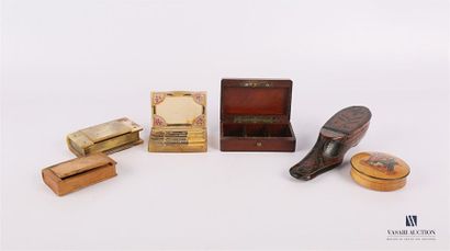 null Set including six boxes including a wooden snuffbox painted in the shape of...