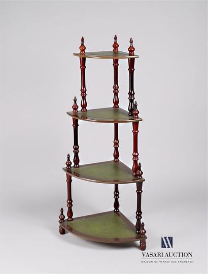 null Mahogany veneer shelf with four shelves, baluster posts topped with bellows.
English...