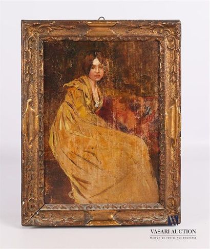 null Ecole française du XIXème siècle
Portait de jeune femme à la robe jaune 
Huile...