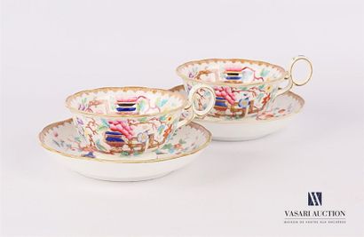 null MINTON
Pair of white porcelain cups and saucers with "Chinese tree" polychrome...