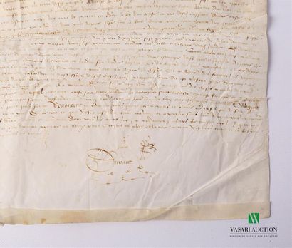 null Acte de partage de terres manuscrit, daté de 1513 et signé Duvant. 
Grande pièce...