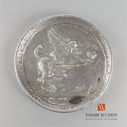 null Tolerance house token, pewter, 53 mm, smooth edge, obverse with angelic character,...