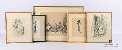 null Set of five frames comprising : 
-Watercolor representing a caricature of a...