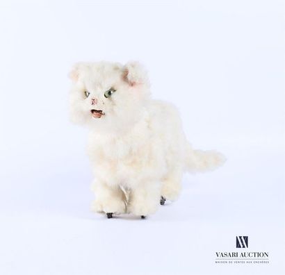 null White cat "walking and meowing" automaton made of moulded cardboard and hair,...