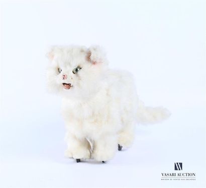 null White cat "walking and meowing" automaton made of moulded cardboard and hair,...